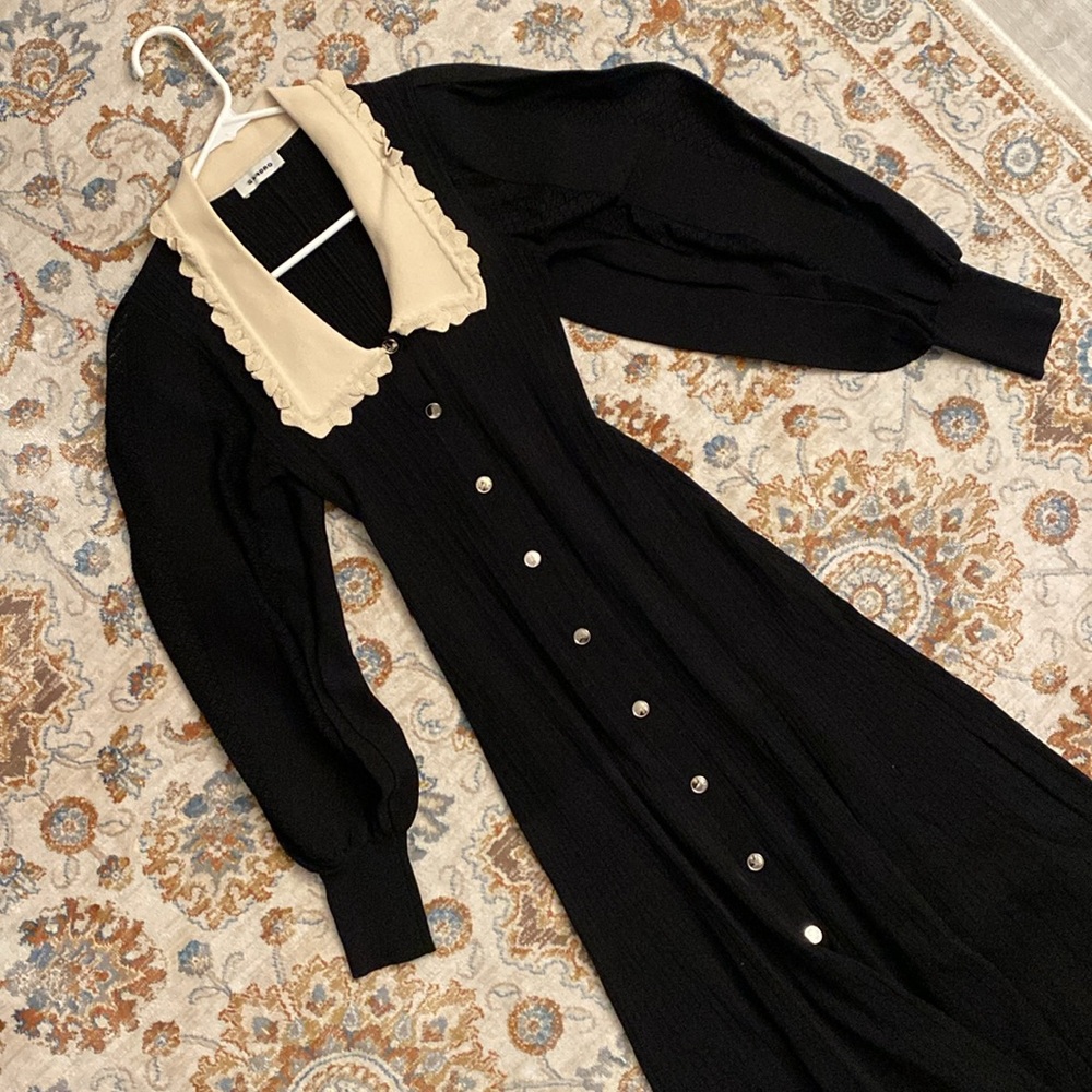 Sandro 2-tone Puff Sleeve Midi Knit Dress - Picture 4 of 8